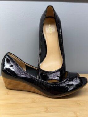 Cole Haan Black Patent Leather Peep‑Toe Wedge Heels